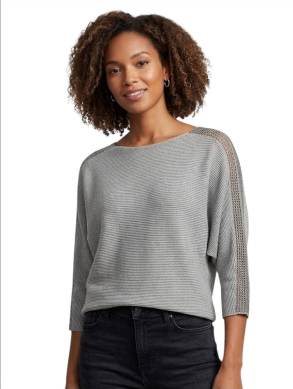 Light Gray Knit Scoop Neck Sweater With Crystal Embelishments
